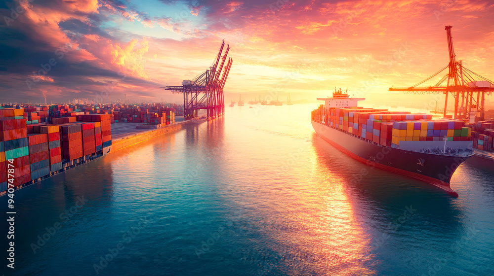 Container ship carrying container boxes import export dock with quay crane. Business commercial trade global cargo freight shipping logistic and transportation worldwide oversea concept. Generative AI Container ship carrying container boxes import export dock with quay crane. Business commercial trade global cargo freight shipping logistic and transportation worldwide oversea concept. Generative AI