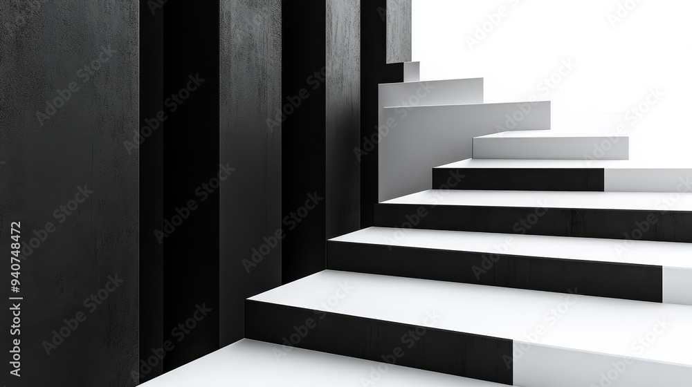 Obraz premium Abstract staircase with black and white steps leading up to a white background. Minimalist design concept. Modern architecture.
