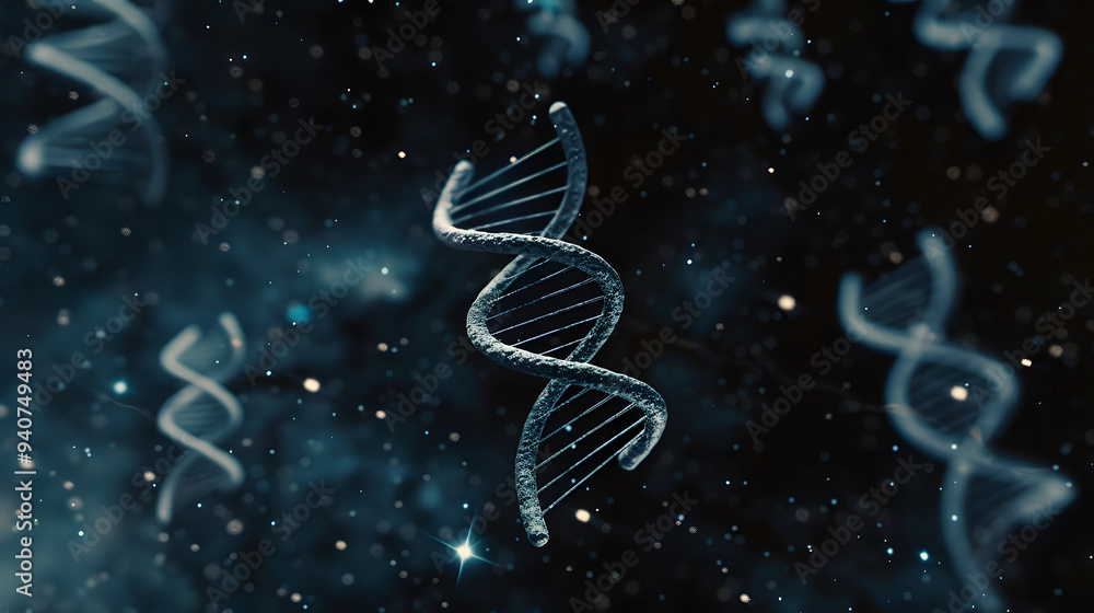 Obraz premium 3D model of DNA double helix floating in space. Blue and silver color scheme. Starry background. 