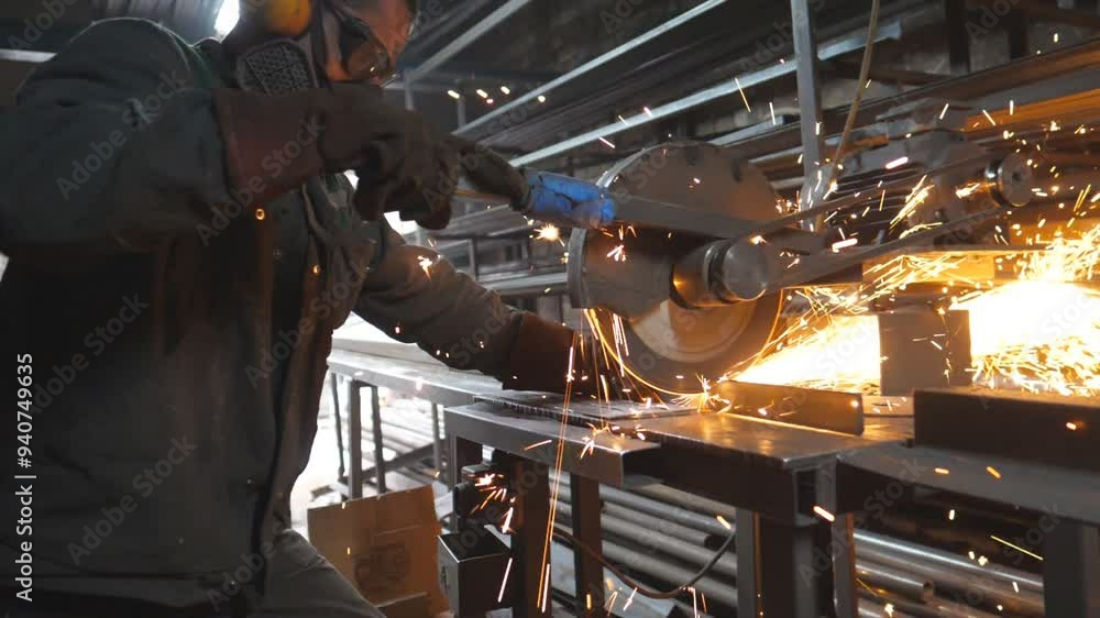 Industrial worker with circular saw sawing steel in workshop. Man in safety protection wear use saw cutting machine to cut metal. Craftsman grinding metal. Sparks fly from hot metal. Slow motion