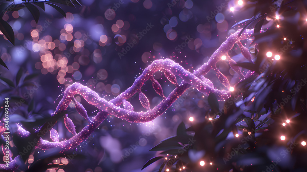 3d render of double helix DNA. Pink and purple color theme. Background with bokeh lights 3d render of double helix DNA. Pink and purple color theme. Background with bokeh lights