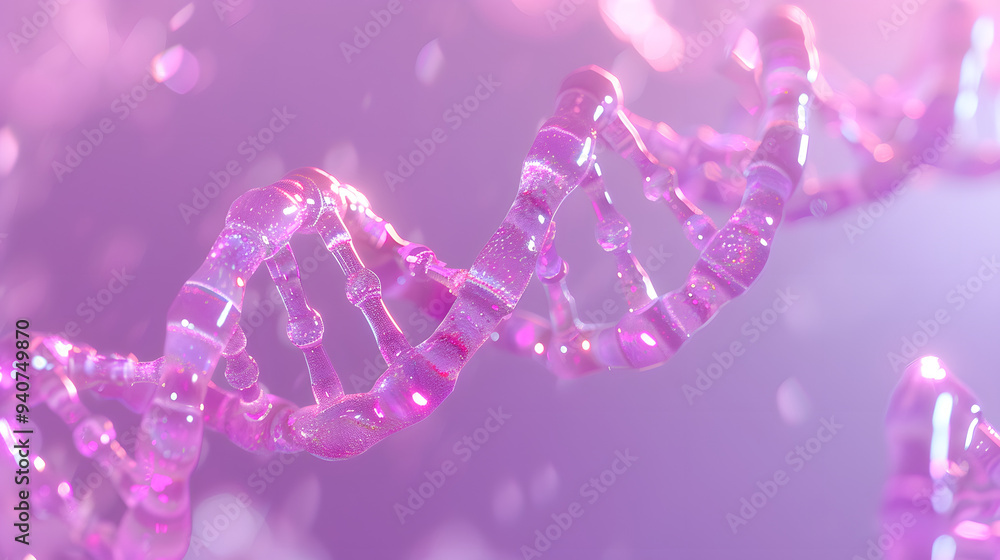 Fototapeta premium 3d render of double helix DNA. Pink and purple color theme. Background with bokeh lights 