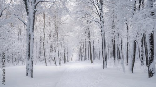 A peaceful winter landscape unfolds in a snowy forest, where tall trees stand cloaked in thick layers of fresh, white snow.