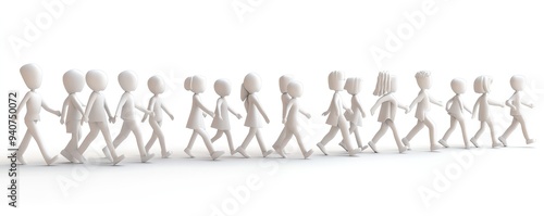 Line of simple white figures walking in unison. photo