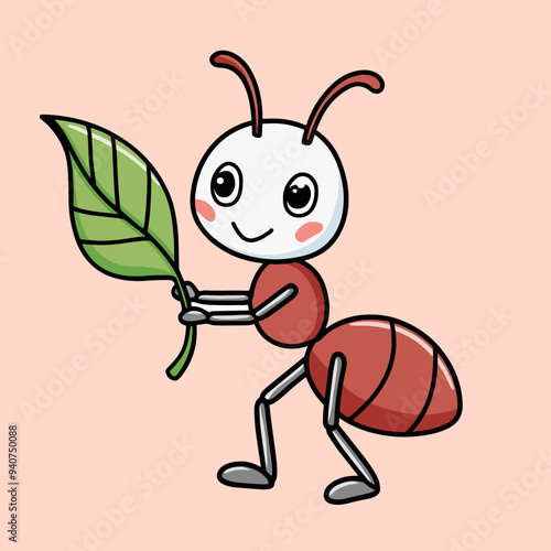 Cute Cartoon Ant Carrying a Leaf