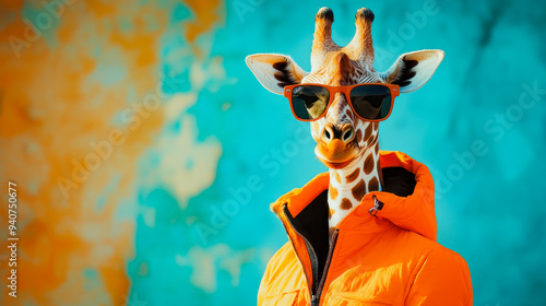 A giraffe wearing sunglasses and a yellow jacket stands in front of a colorful background.