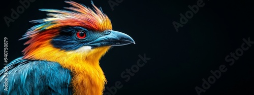  A vivid bird up-close against a black backdrop, featuring a crimson mark at its head's center photo