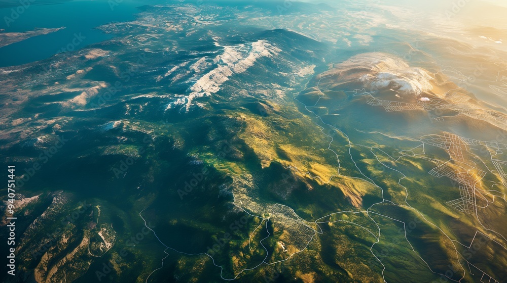Aerial view of mountainous landscape with valleys and water bodies under soft sunlight. Aerial view of mountainous landscape with valleys and water bodies under soft sunlight.