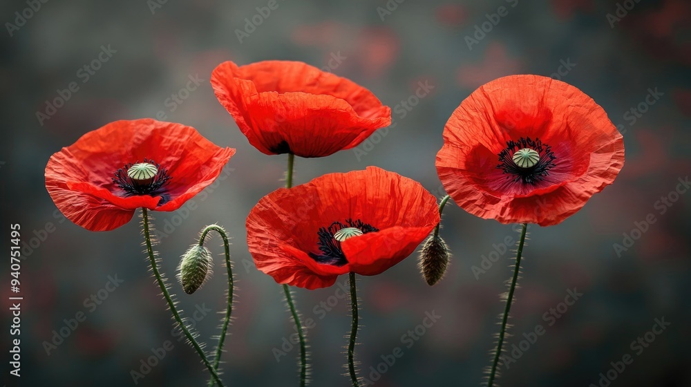 Fototapeta premium Red poppies bloom in field. This image can be used for Remembrance Day, peace, or nature themes.
