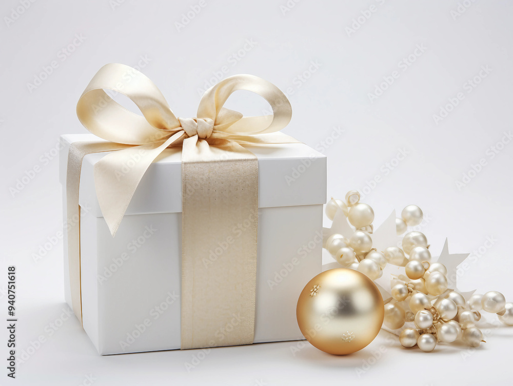 White Gift Box with Ribbon and Ornaments White Gift Box with Ribbon and Ornaments