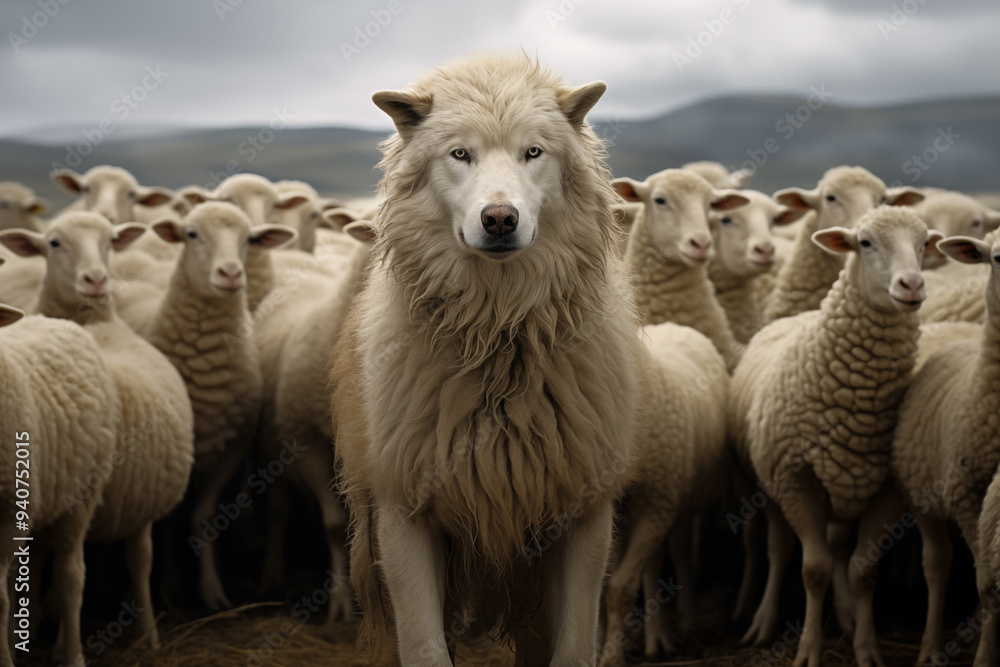 Obraz premium A wolf in sheep's clothing among a flock of sheep, conceptual photo.