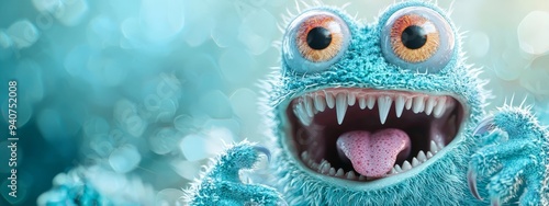  A close-up of a blue monster with an open mouth and widely dispersed teeth photo