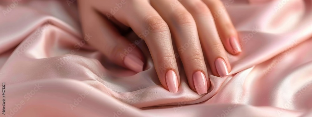 Female hands with pink nail design on pink fabric. pink nail polish manicure. Female hands with pink nail design on pink fabric. pink nail polish manicure.