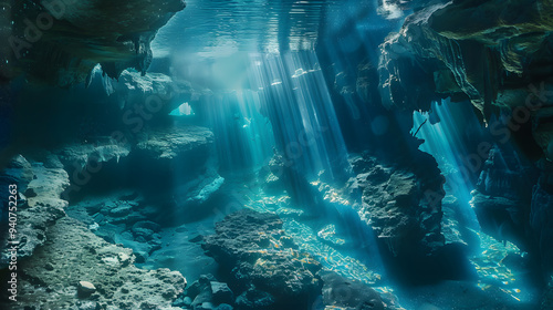 A beautiful underwater canyon with sunlight highlighting the intricate rock formations. 