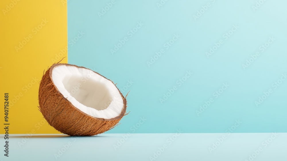 Single coconut isolated on a bright, colorful background, emphasizing its rugged texture. Single coconut isolated on a bright, colorful background, emphasizing its rugged texture.