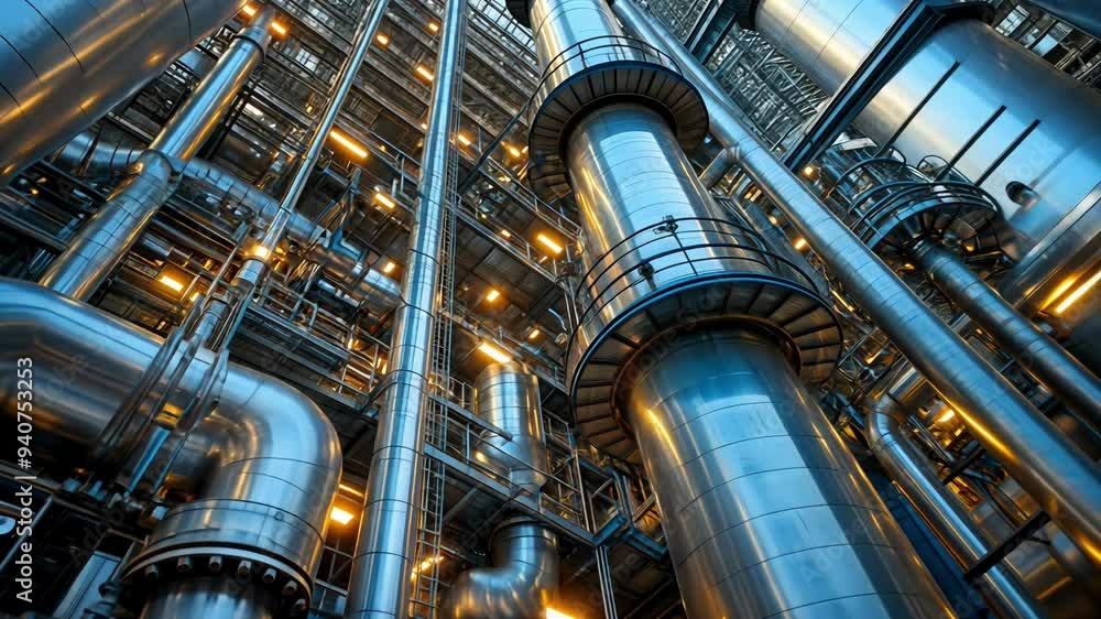 A detailed view of complex metal piping and structures illuminated by warm lights in a modern chemical manufacturing site. A detailed view of complex metal piping and structures illuminated by warm lights in a modern chemical manufacturing site.