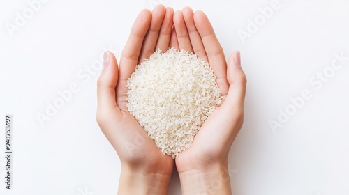 Hands holding a heart-shaped mound of uncooked white rice against a white background