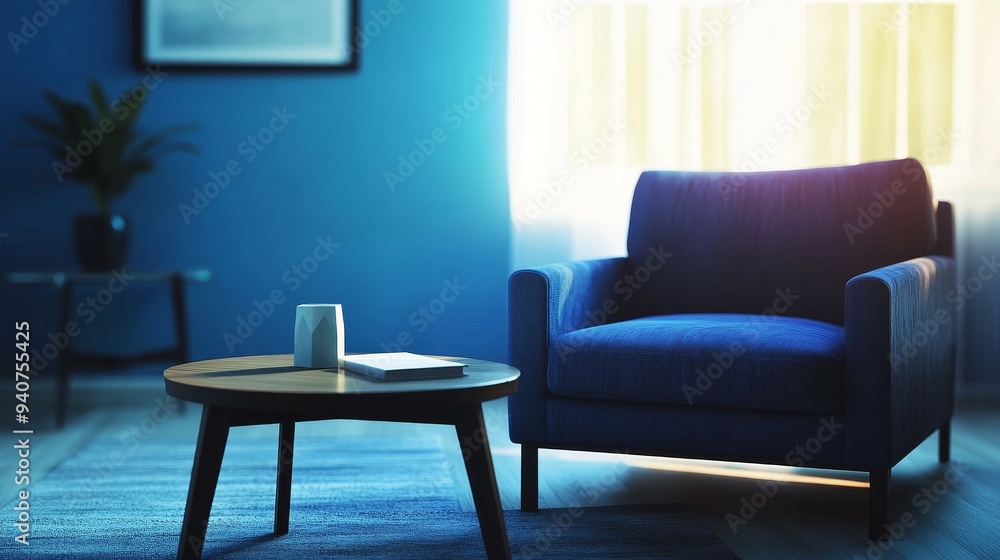 Fototapeta premium A blue armchair sits beside a round coffee table in a room with blue walls and a window letting in sunlight.