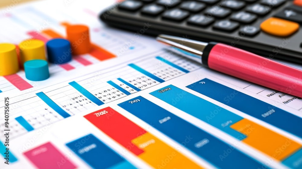 A close-up of a financial report with a pen and calculator. The report shows colorful graphs and charts. A close-up of a financial report with a pen and calculator. The report shows colorful graphs and charts.