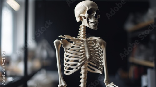 Human skeleton, educational laboratory background. Scientific body anatomy. AI generated.