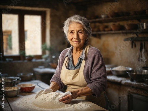 A senior Italian woman making pasta in a kitchen