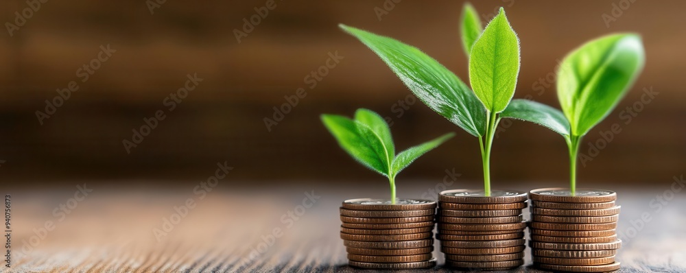 Growing plants on stacked coins representing sustainable investment and financial growth in a harmonious environment. Growing plants on stacked coins representing sustainable investment and financial growth in a harmonious environment.