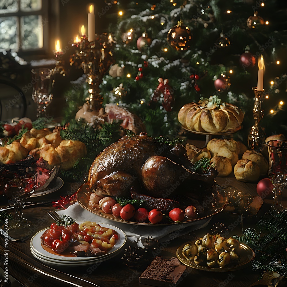 Ein festlich gedeckter Tisch mit einem Weihnachtsessen Ein festlich gedeckter Tisch mit einem Weihnachtsessen