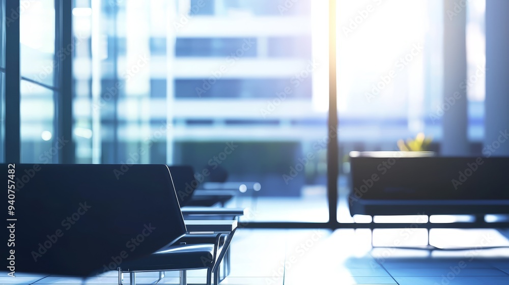 A modern office waiting area with chairs and a large window overlooking a city skyline. Sunlight streams through the window, creating a bright and airy atmosphere. A modern office waiting area with chairs and a large window overlooking a city skyline. Sunlight streams through the window, creating a bright and airy atmosphere.