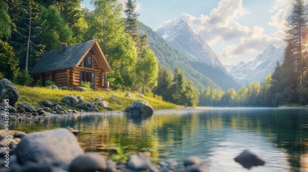Fototapeta premium A picturesque wooden cabin sits on the edge of a serene lake, surrounded by lush forests and majestic mountains. The sun shines brightly, reflecting off the calm water.