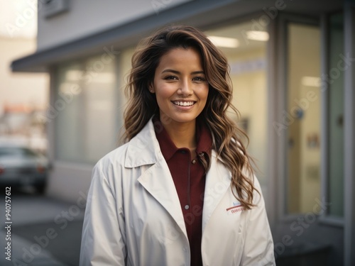 A woman in a white coat stands in front of a clinic
