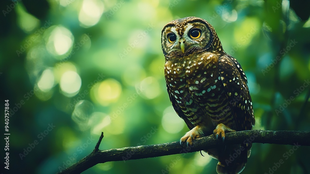 Spotted owl perched on a branch in a lush green forest setting Spotted owl perched on a branch in a lush green forest setting