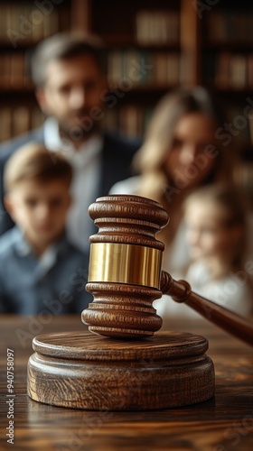 Family Law Concept: Judge's Gavel with Divorcing Parents and Child Silhouette. Legal Representation in Custody Battles, Alimony Negotiations, and Fair Asset Division. Civil Court Proceedings for Equit
