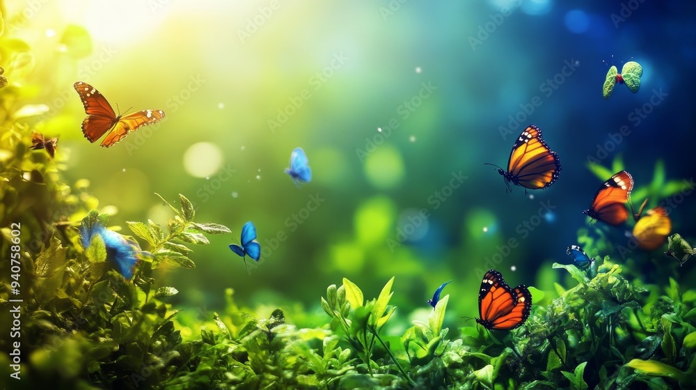 A vibrant spring scene with colorful butterflies fluttering amongst green foliage and soft sunlight. A vibrant spring scene with colorful butterflies fluttering amongst green foliage and soft sunlight.