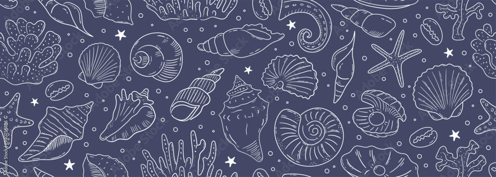 Seamless vector banner with hand drawn sea shells, conch, tentacle, starfish, corals. Outline marine drawings on wide background. Pattern with sketch silhouettes of seashore elements Seamless vector banner with hand drawn sea shells, conch, tentacle, starfish, corals. Outline marine drawings on wide background. Pattern with sketch silhouettes of seashore elements