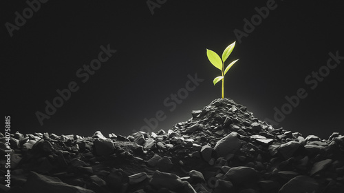 A plant sapling growing out of Biochar charcoal