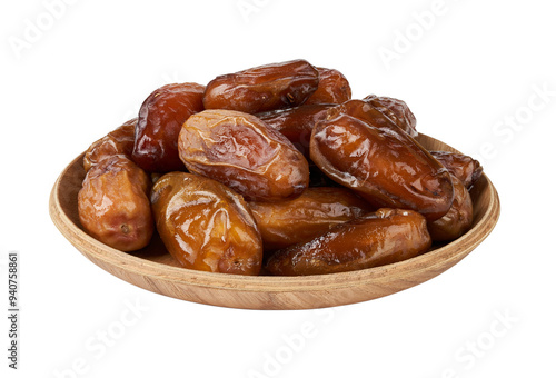 closeup pile of dry date palm fruit isolated on white background in wood bowl photo