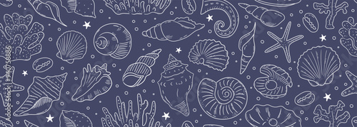 Seamless vector banner with hand drawn sea shells, conch, tentacle, starfish, corals. Outline marine drawings on wide background. Pattern with sketch silhouettes of seashore elements