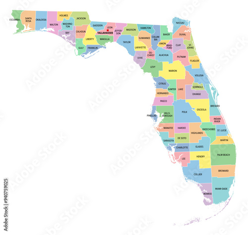 Florida, U.S. state, multi colored political map with borders, county names and its capital Tallahassee. Florida, a state in the Southeastern region of the United States, subdivided into 67 counties.