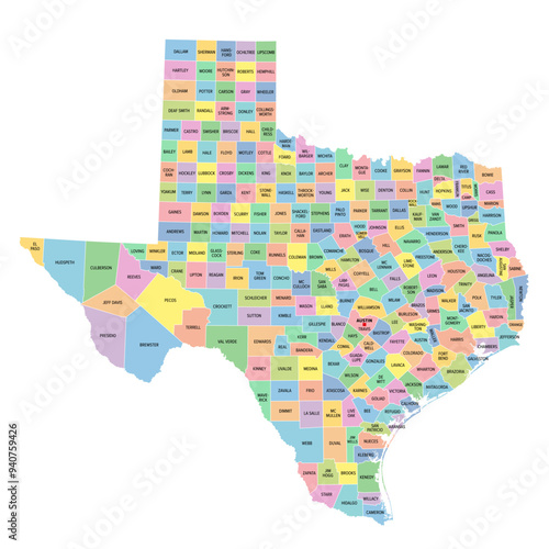 Texas, U.S. state, multi colored political map with borders, county names and capital Austin. State in the South Central region of the United States, subdivided into 254 counties. Lone Star State.