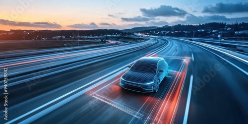 A futuristic car drives on a highway, showcasing advanced technology and vibrant light trails at sunset, symbolizing innovation.