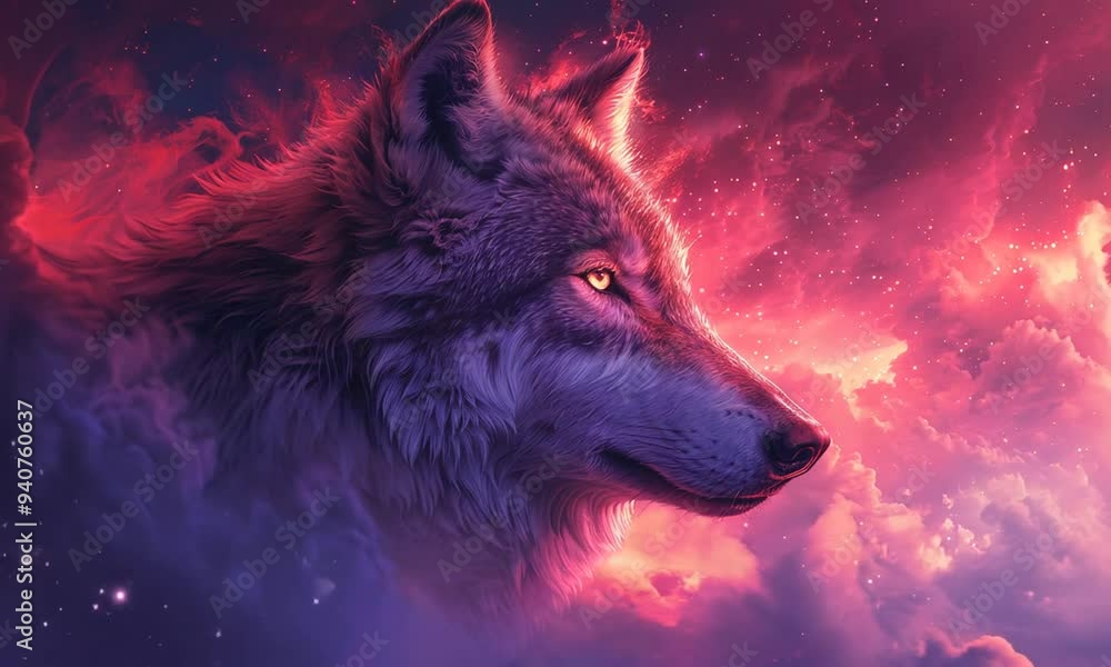A majestic wolf with glowing eyes silhouetted against a vibrant pink and purple nebula. A majestic wolf with glowing eyes silhouetted against a vibrant pink and purple nebula.