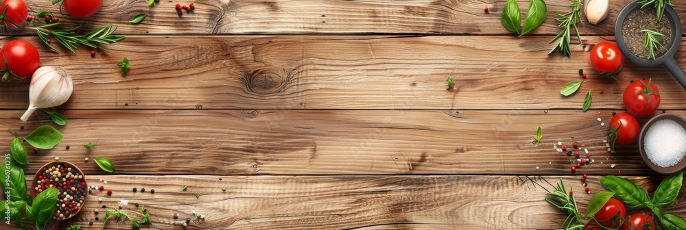 A wooden table with a variety of vegetables and spices, including tomatoes A wooden table with a variety of vegetables and spices, including tomatoes