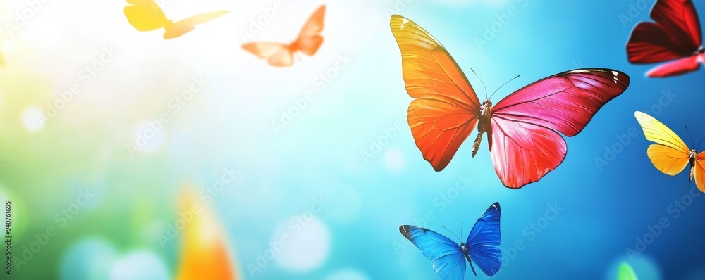 Colorful butterflies flying in a blue sky with bokeh effect.