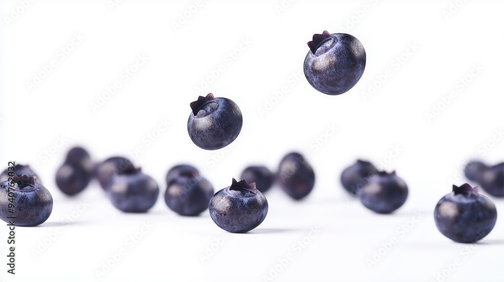 A collection of blueberries floating against a white background. A collection of blueberries floating against a white background.
