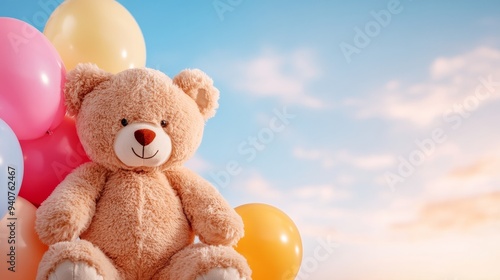 Charming teddy bear blended with colorful balloons in double exposure, a playful and heartwarming scene