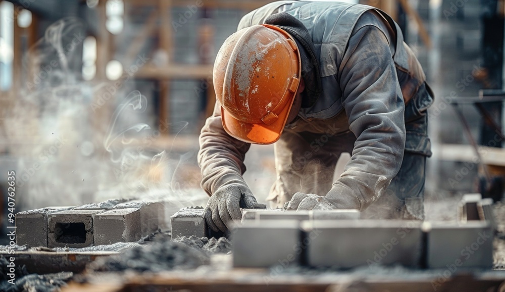 A man in a hard hat and orange vest is working on a construction site A man in a hard hat and orange vest is working on a construction site