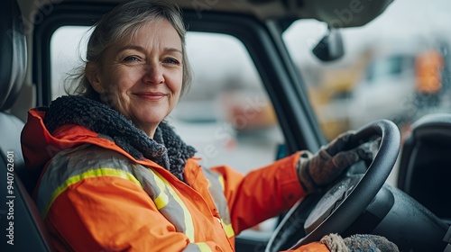 A smiling woman in an orange safety jacket driving a vehicle, showcasing confidence and professionalism.