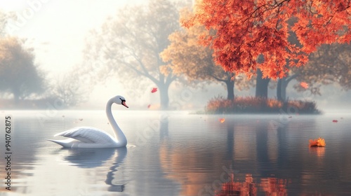 Fototapeta Naklejka Na Ścianę i Meble -  A graceful swan swims on a calm lake with colorful autumn leaves falling.