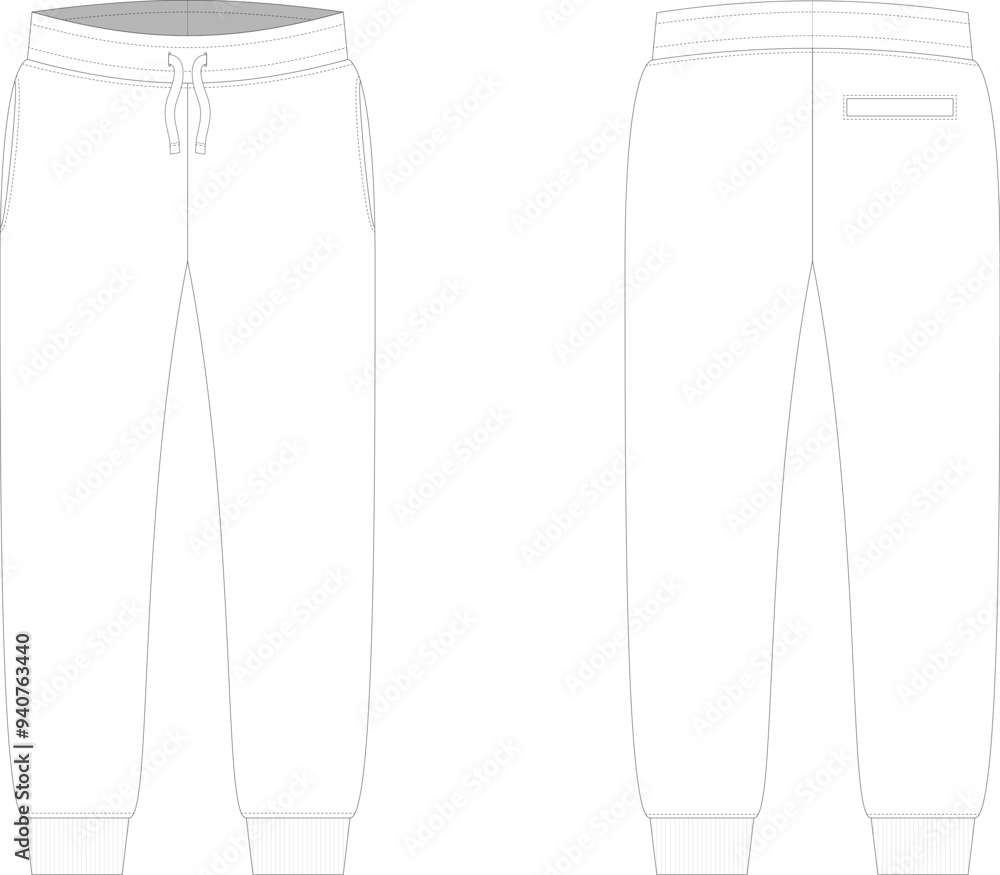 Editable vector technical fashion sketch for joggers with side seam pockets and ribbon cuffs, for apparel design, tech packs, and fashion production. Front and back view. Editable vector technical fashion sketch for joggers with side seam pockets and ribbon cuffs, for apparel design, tech packs, and fashion production. Front and back view.