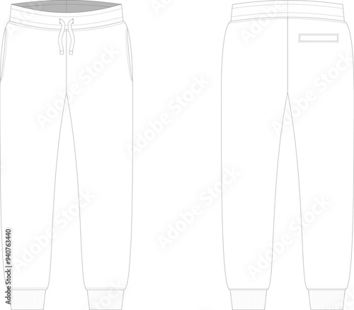 Editable vector technical fashion sketch for joggers with side seam pockets and ribbon cuffs, for apparel design, tech packs, and fashion production. Front and back view.